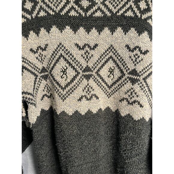 Browning Men’s Medium Fair Isle Knit Sweater Gray Cream Nordic Pattern Pullover - Picture 3 of 7